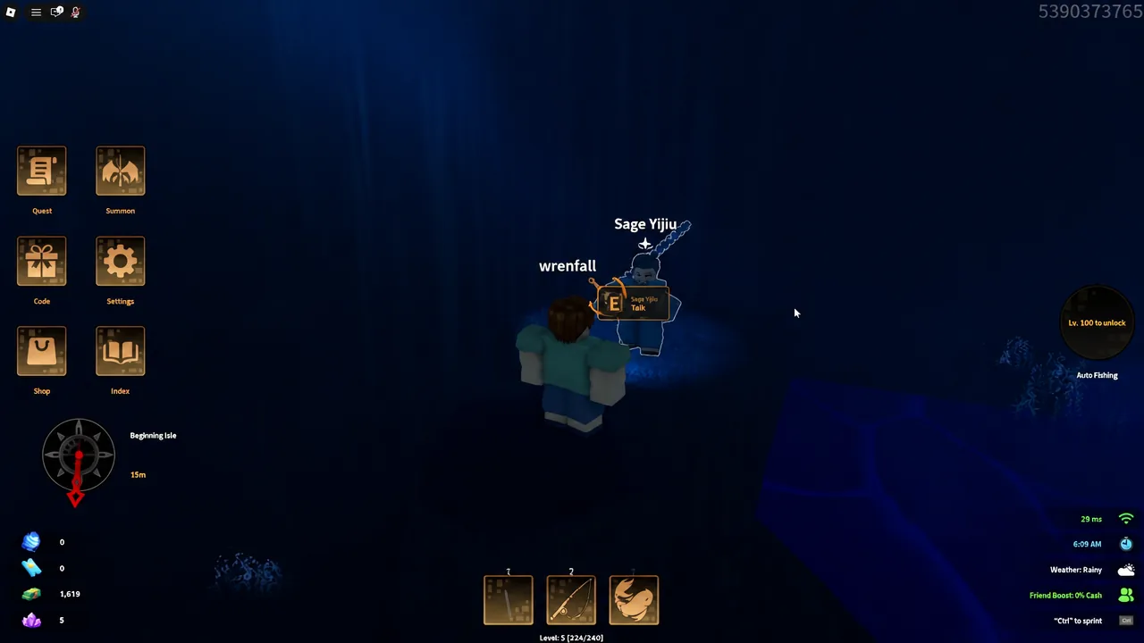 The E Talk prompt appears above Sage Yijiju as the player walks up to the NPC