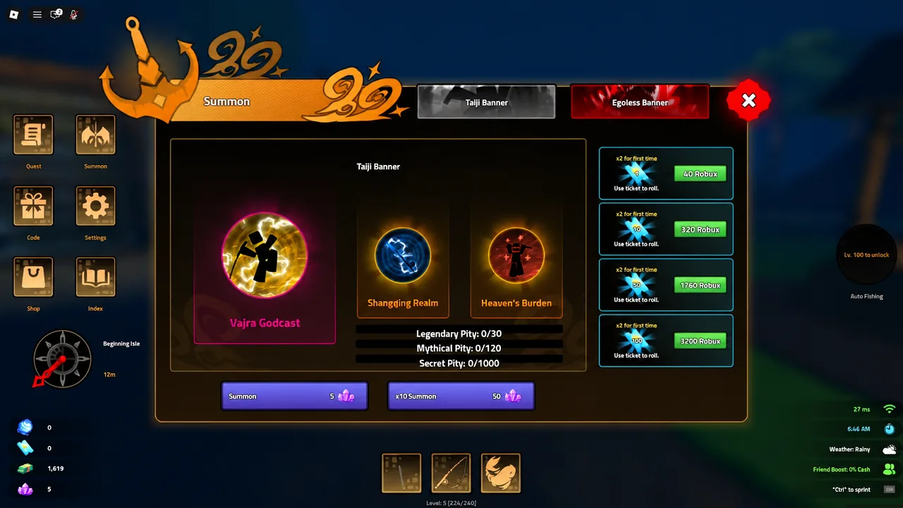 Summon screen with the Taiji Banner tab selected and the single and x10 summon buttons