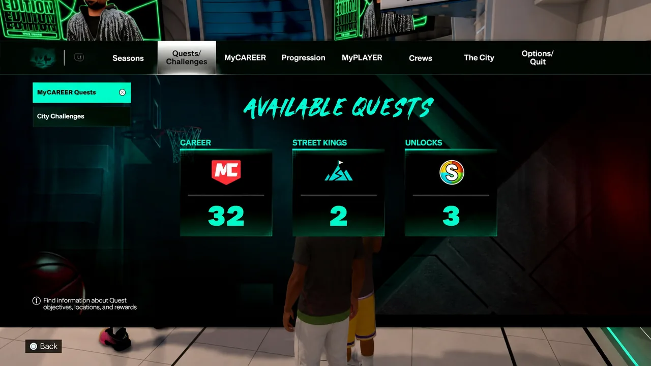 Available Quests screen with MyCAREER Quests selected in NBA 2K27