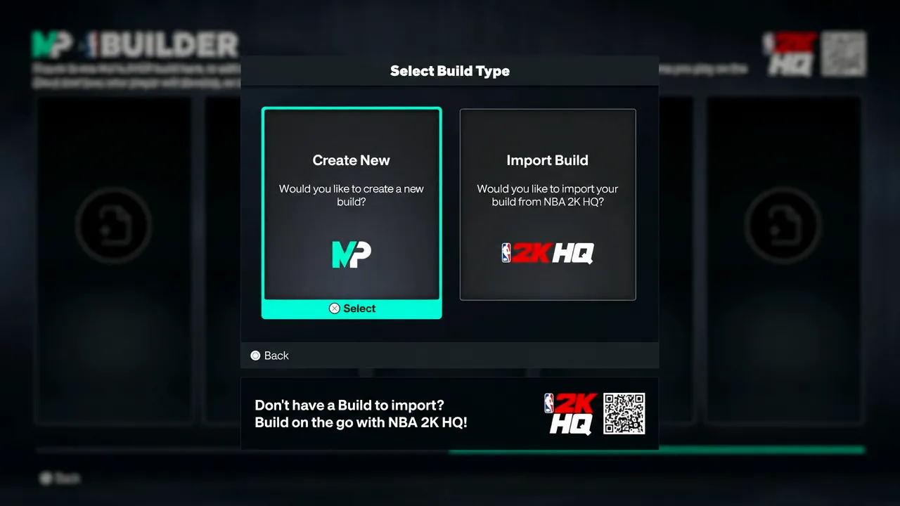 Select Build Type menu with Create New highlighted in NBA 2K27