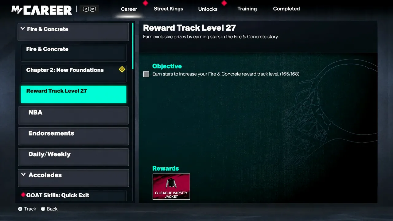 Career menu showing a Fire and Concrete reward track objective and its reward