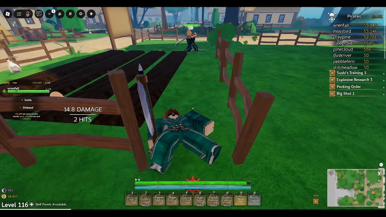 Player striking a Black Noir Pirate as a 14.8 damage, two-hit combat indicator appears on screen