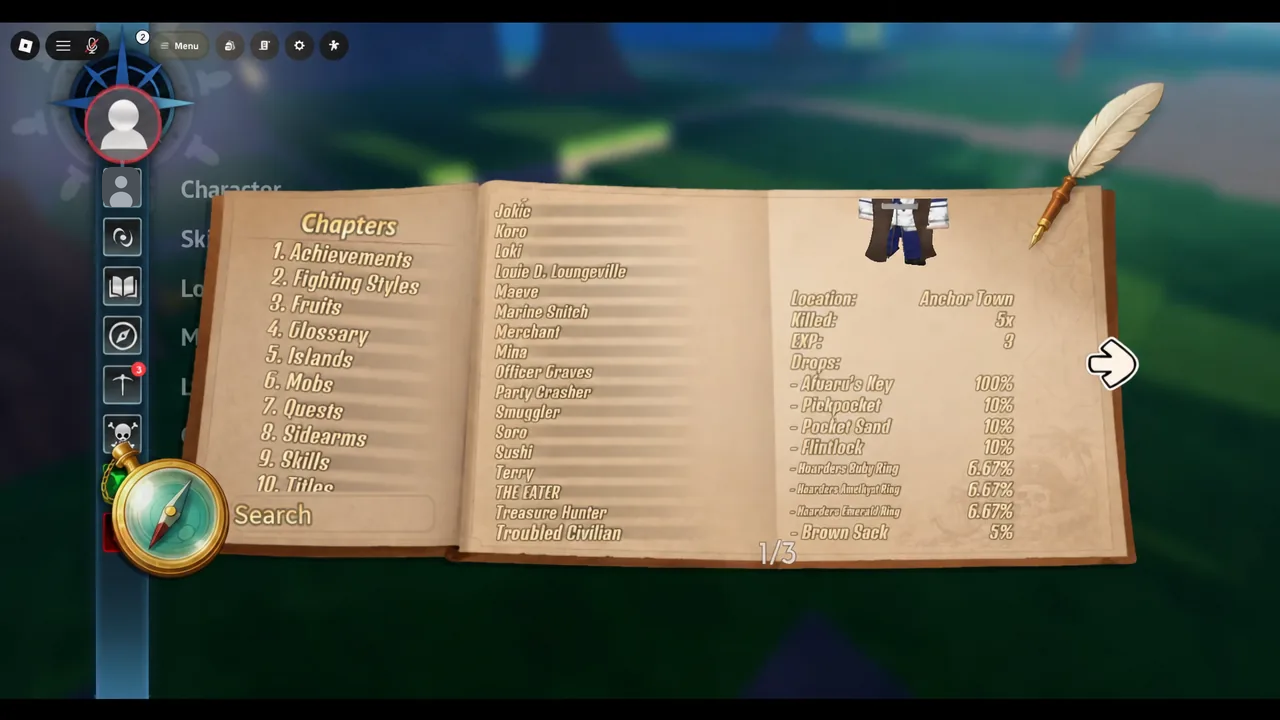 Chapters menu open on the Troubled Civilian entry, listing its location, EXP and drop table