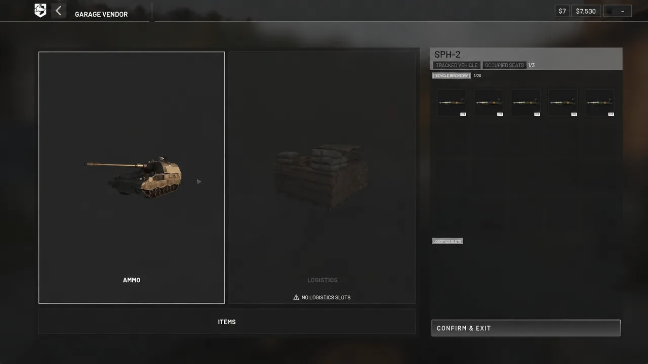 Garage Vendor screen for the SPH-2 with the AMMO panel selected