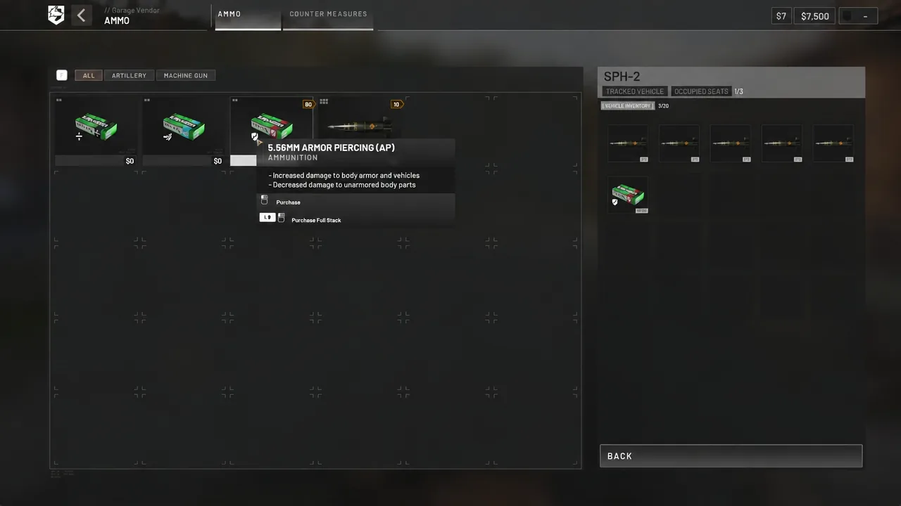 AMMO tab showing 5.56mm Armor Piercing selected with the full stack purchase option