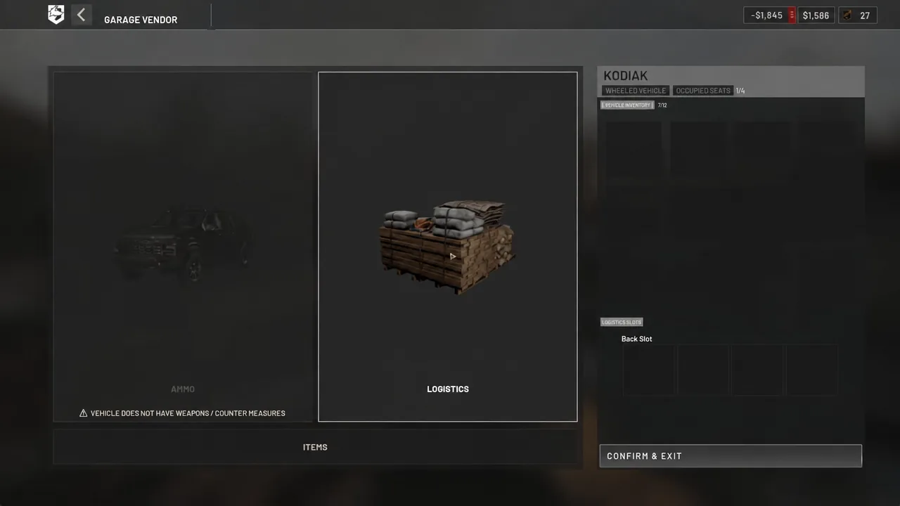 Garage Vendor open on the Kodiak with the Logistics option highlighted