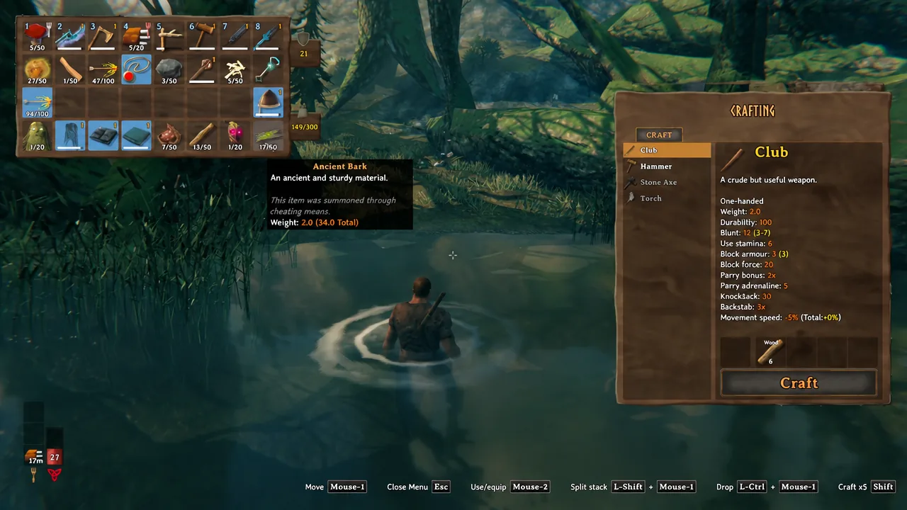 Valheim crafting screen on the Craft tab showing an unlocked recipe ready to build