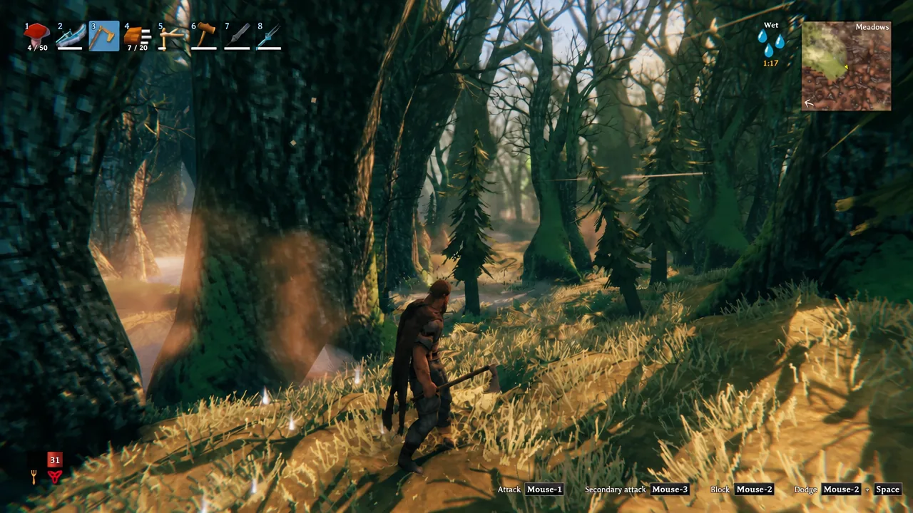 Valheim hotbar with the third slot highlighted, showing the axe equipped and ready to swing