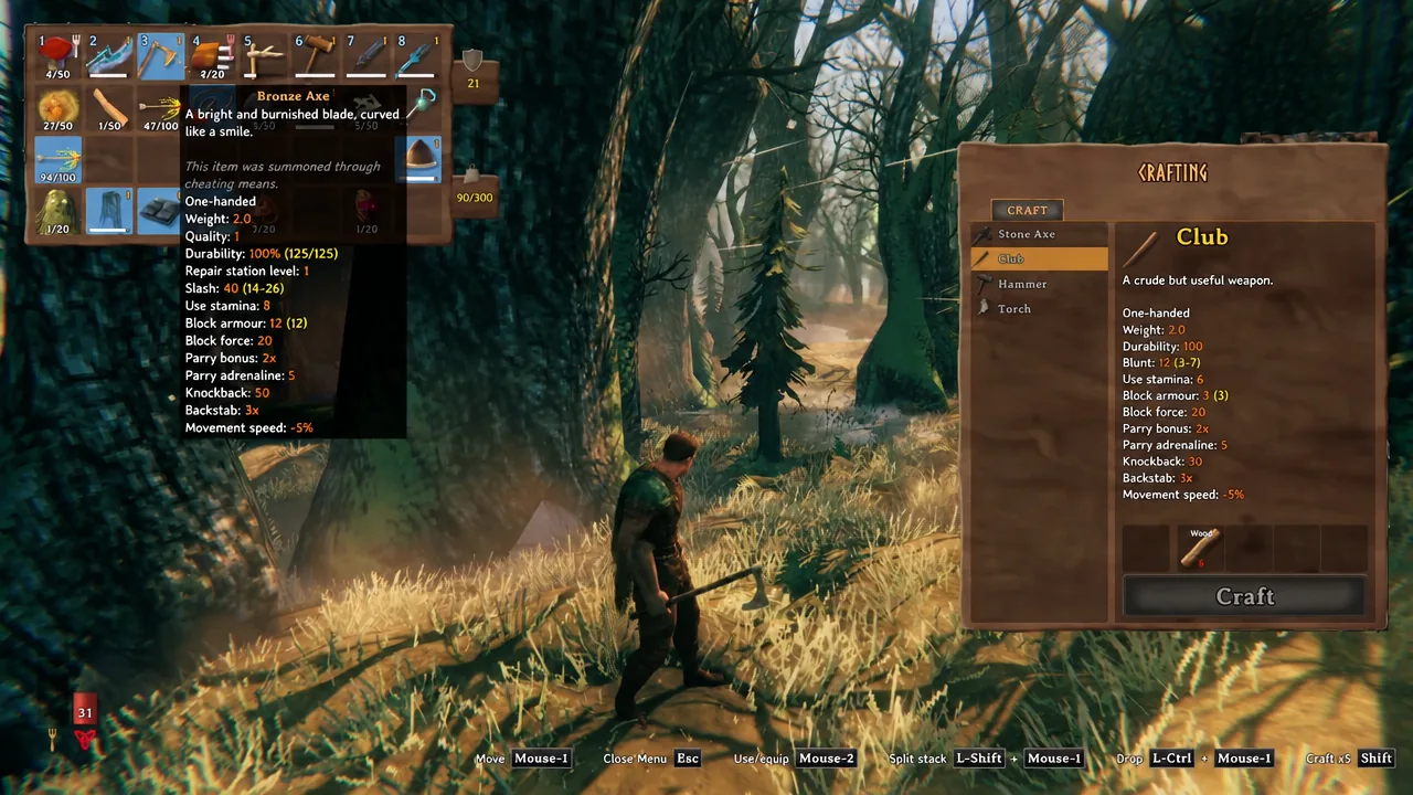 Valheim crafting menu open on the Craft tab with an item selected and the Craft button available