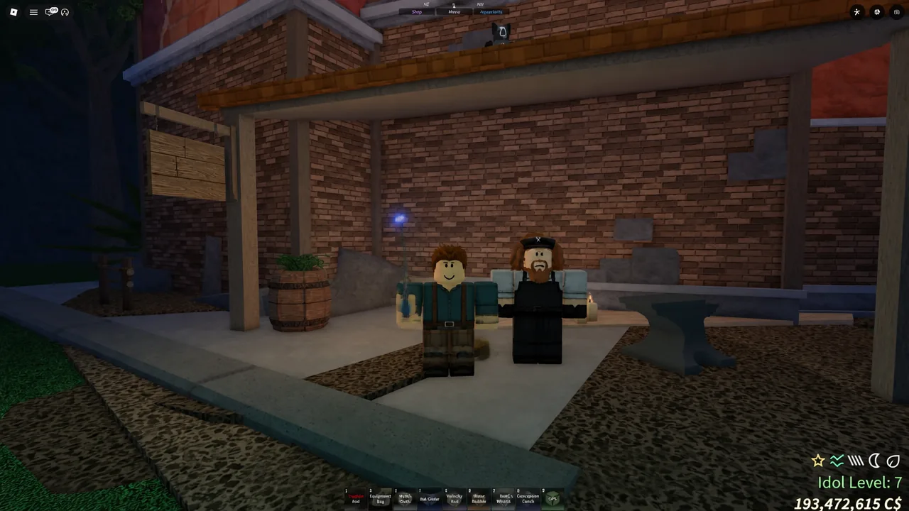 Player standing next to a bearded NPC in a stone courtyard on Skycrest with the fishing HUD visible