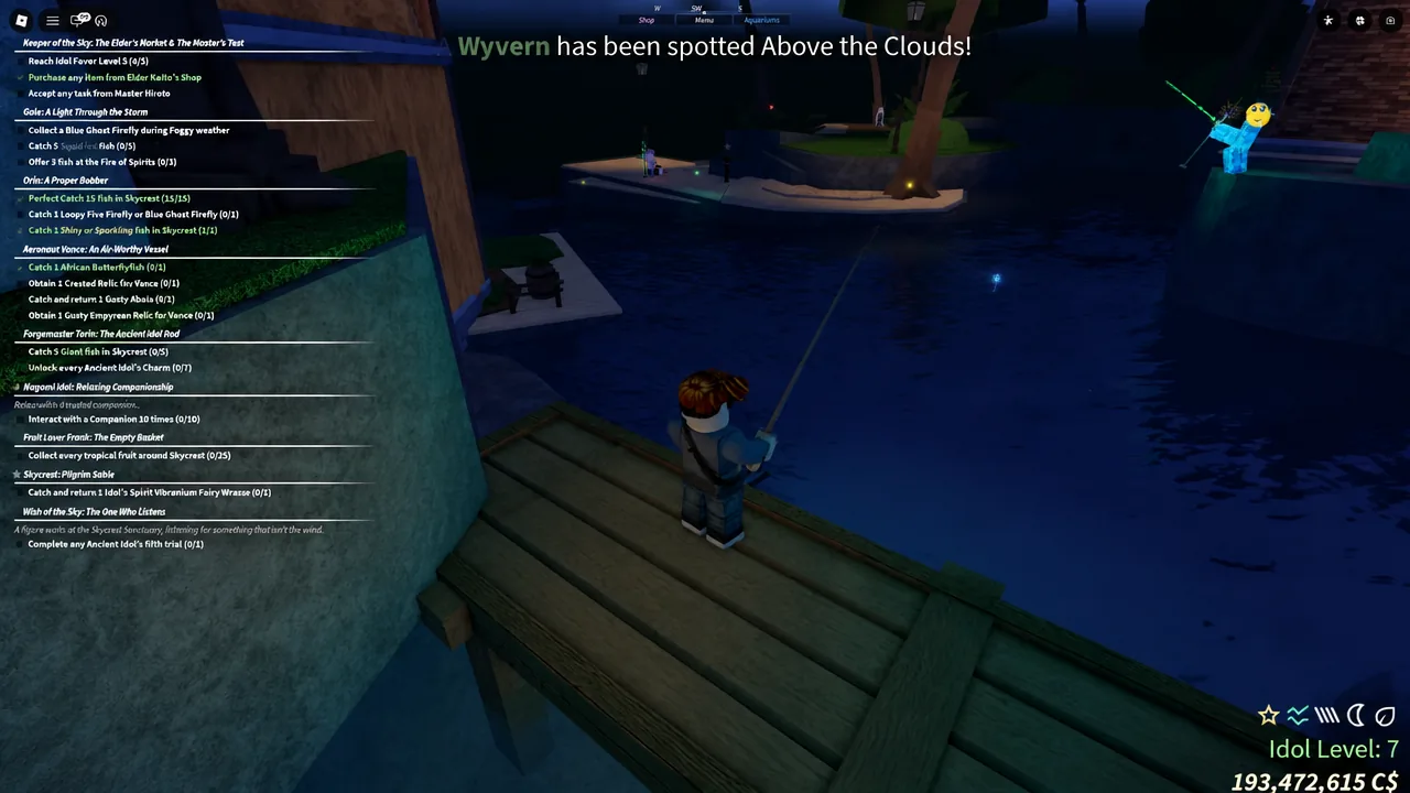 Fisch gameplay view on Skycrest with the rod equipped and the fishing interface on screen