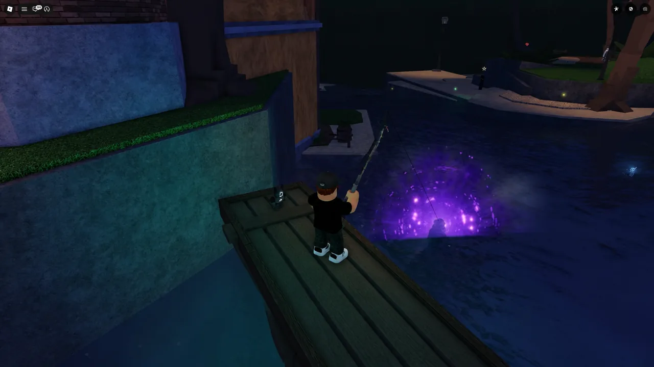 Casting into a glowing fishing spot with the Ancient Idol Rod equipped.