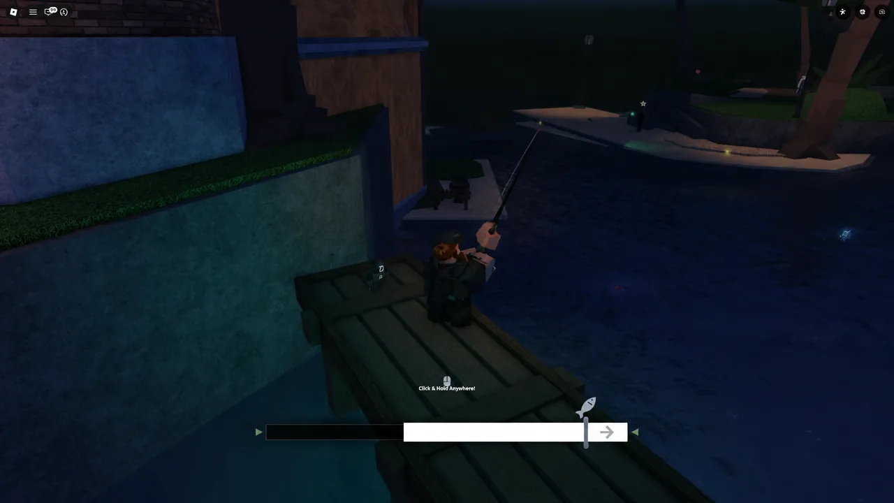 Fisch reeling minigame with the Click and Hold Anywhere prompt above the tension bar