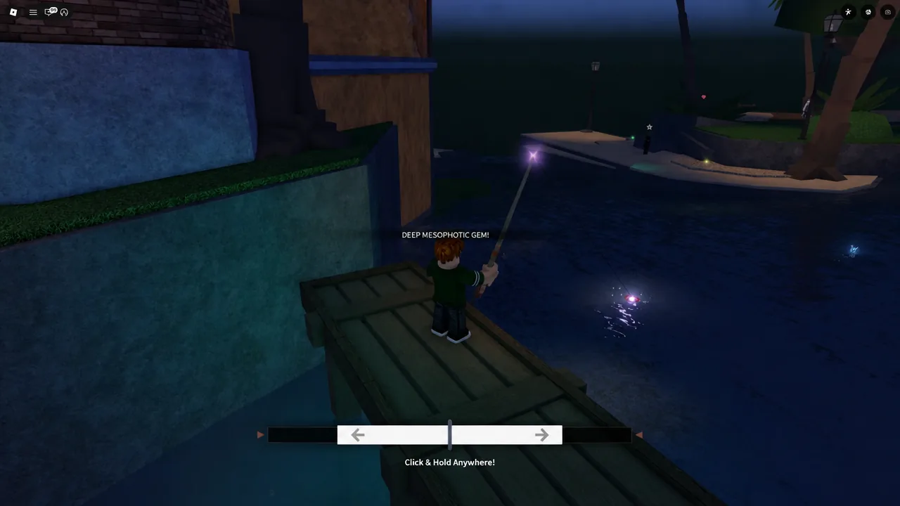 Reel-in control bar showing Click and Hold Anywhere while landing a Deep Mesophotic Gem