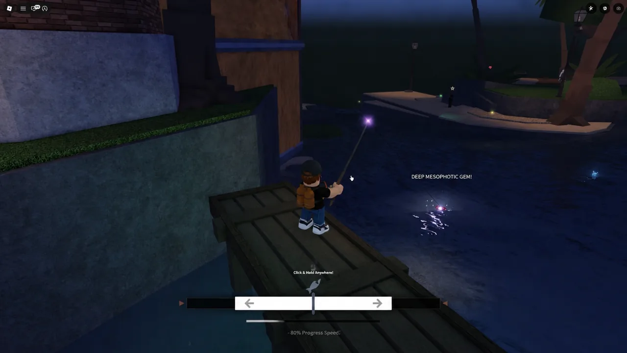 Player reeling in a Deep Mesophotic Gem catch using the directional progress bar in Fisch