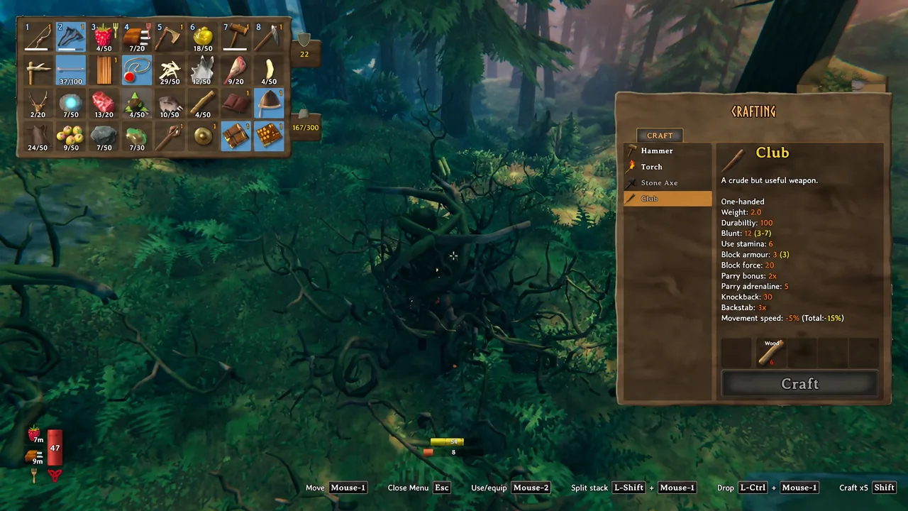 Valheim crafting menu with the Club selected and the Craft button ready