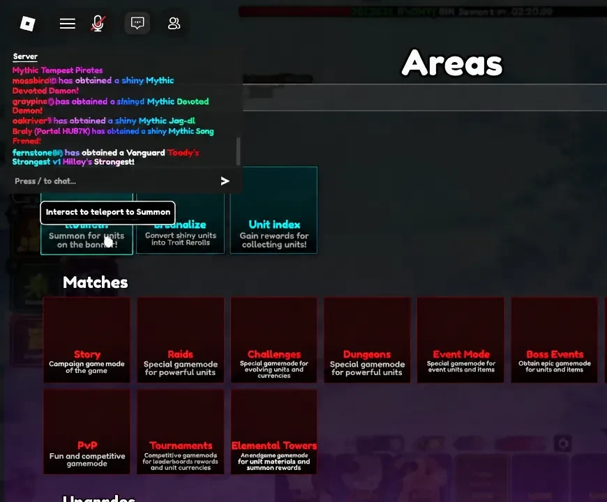 The Areas teleport menu open in Anime Vanguards with the Summon destination listed