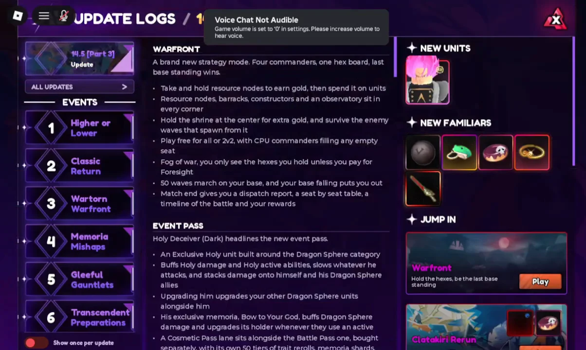 Update Logs panel in the Anime Vanguards lobby showing the Warfront event and its Play button