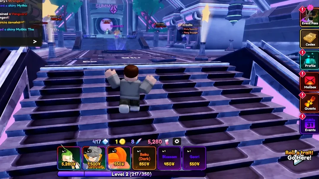 Player avatar walking through the Summon area with a Roll a trait prompt on screen