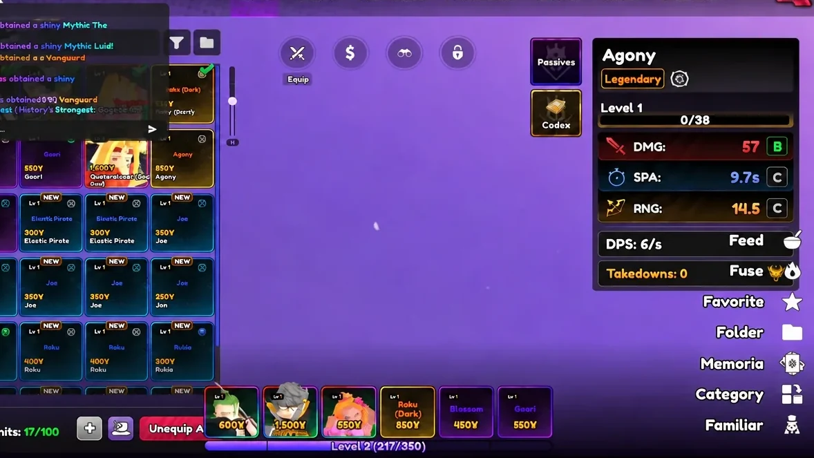 Agony selected on the Equip screen with Legendary stats and Level 1 upgrade progress shown