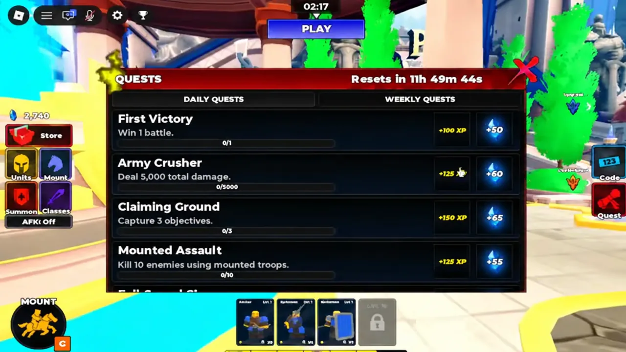 Daily Quests tab showing objectives with progress bars and XP and Gem rewards