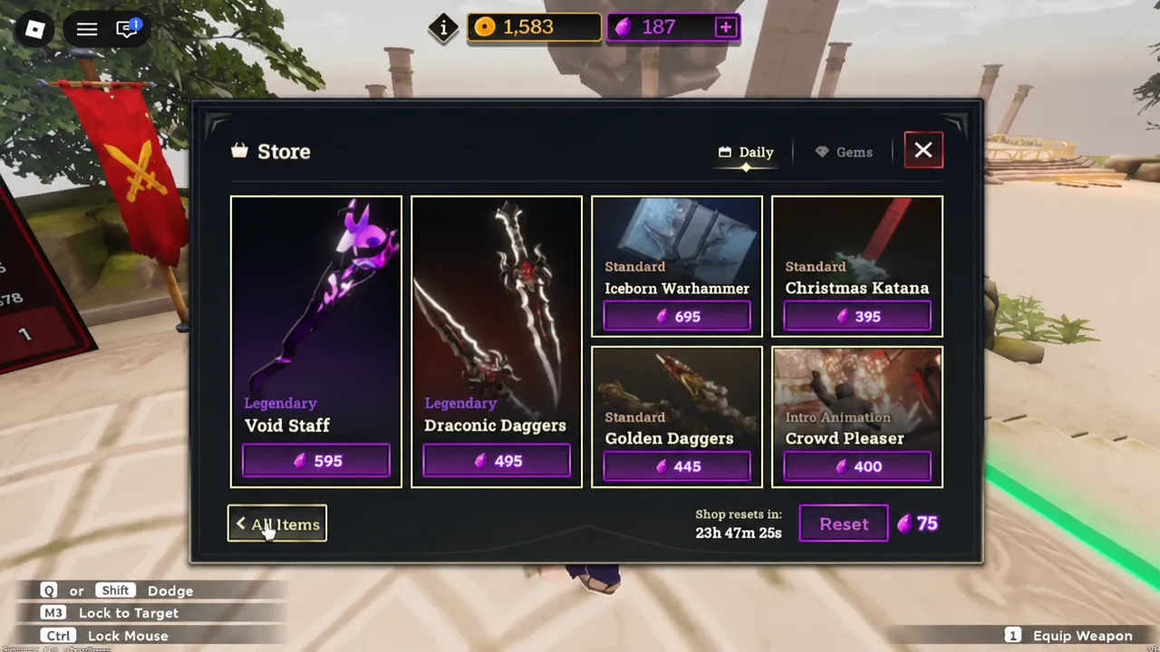 Dueling Grounds Store screen with the All Items tab selected to view the full skin rotation