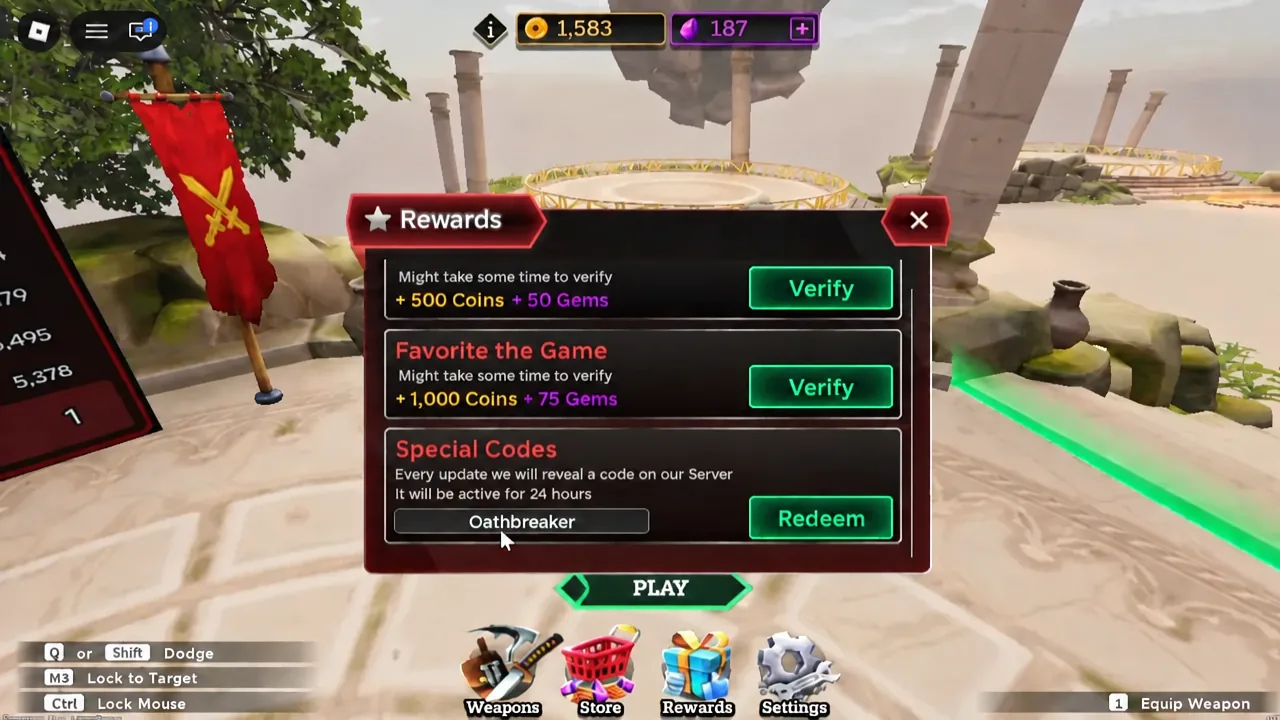 Rewards menu in Dueling Grounds with the code Oathbreaker typed into the Special Codes box next to Redeem