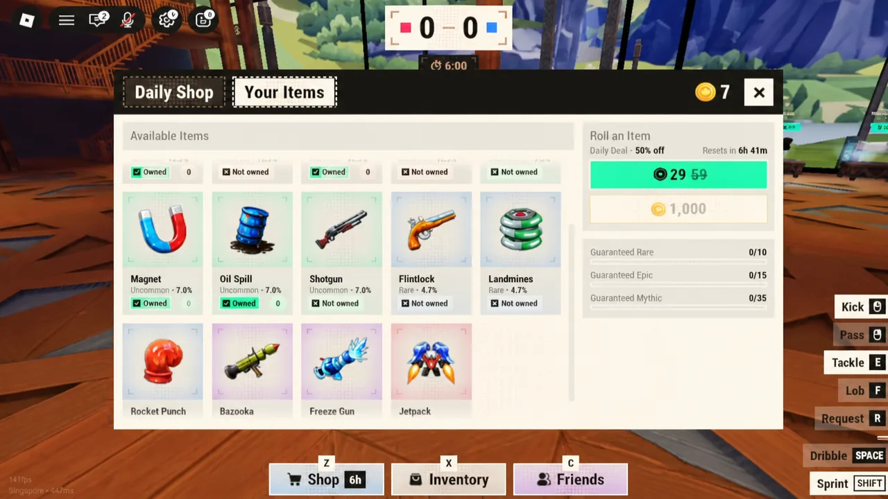Your Items tab open in the Shop with item cards and the daily roll panel