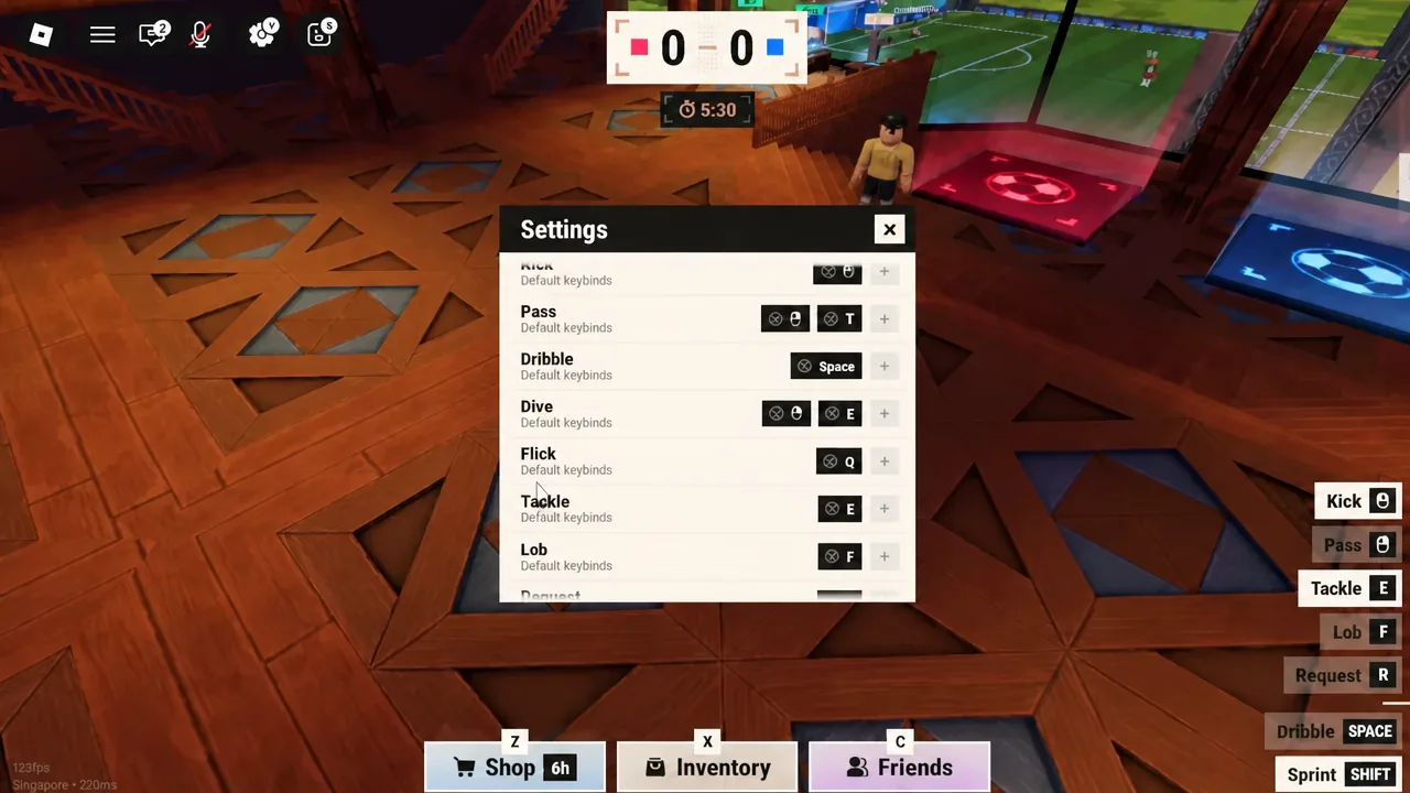 Settings screen showing the default keybind list with Dribble mapped to Space