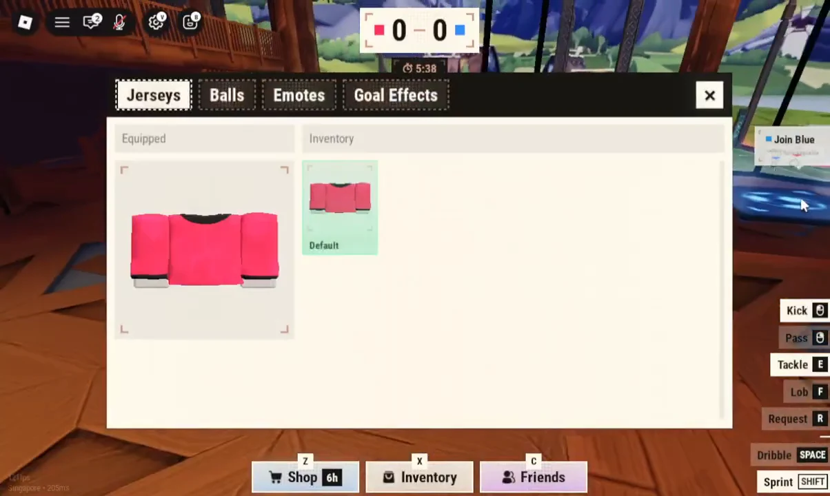 Inventory open on the Jerseys tab with the pink jersey equipped and Default selectable