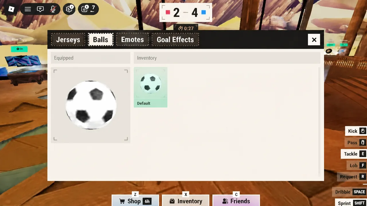 Inventory menu open on the Balls tab with the Default ball equipped in Illegal Soccer