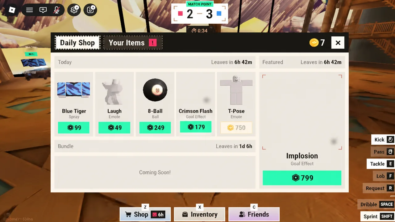 The Daily Shop tab open in Illegal Soccer with rotating cosmetics and their Robux prices