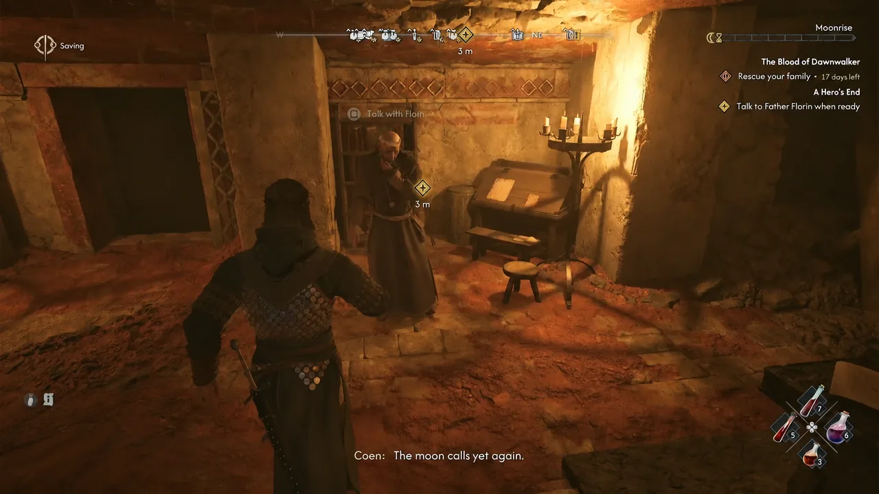 The talk prompt appears as Coen walks up to Father Florin outside the ruins