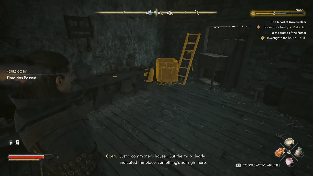 The In the Name of the Father objective tracked while searching a house containing a chest and ladder