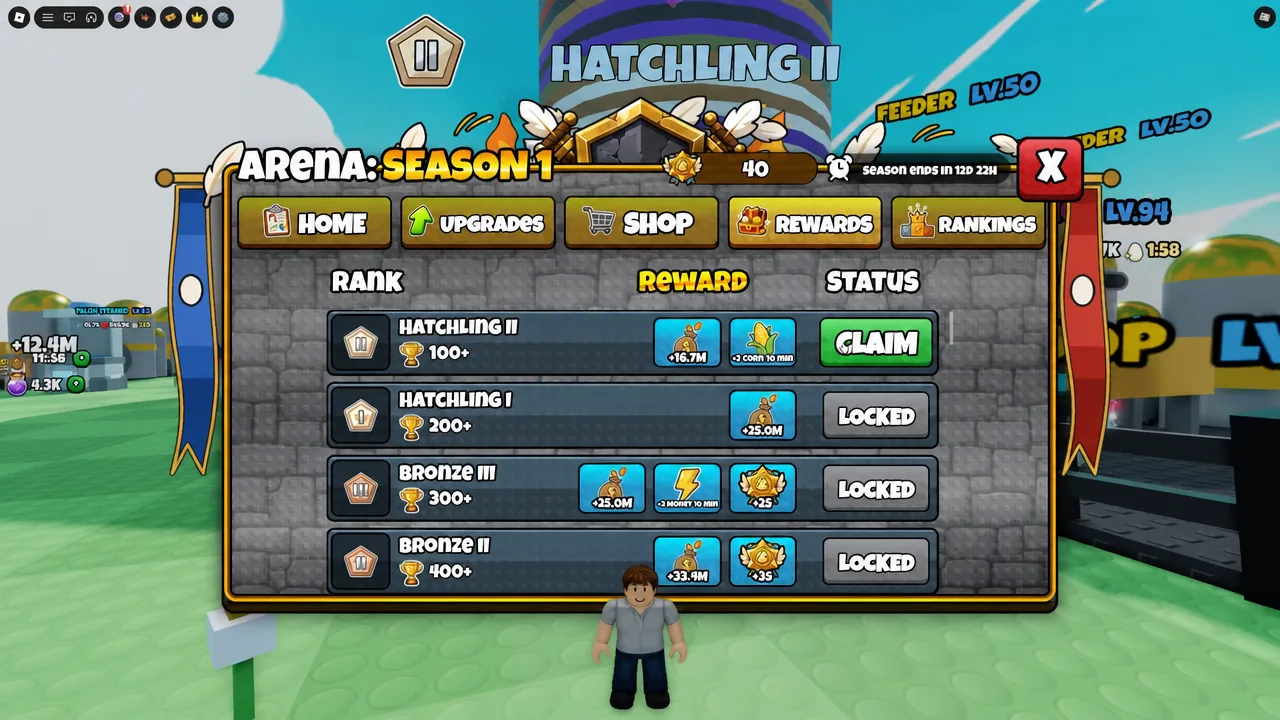 Arena Season 1 Rewards tab showing a CLAIM button next to the Hatchling I rank reward