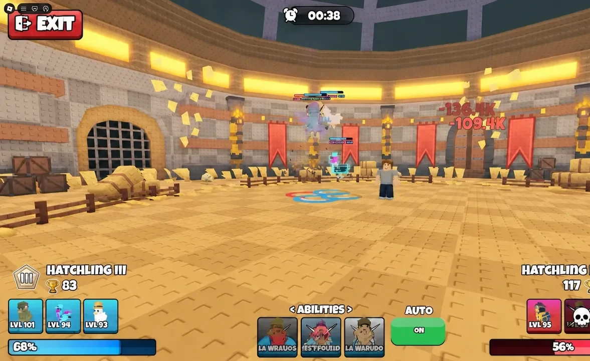 Arena battle at Hatchling III rank with the green AUTO toggle switched on