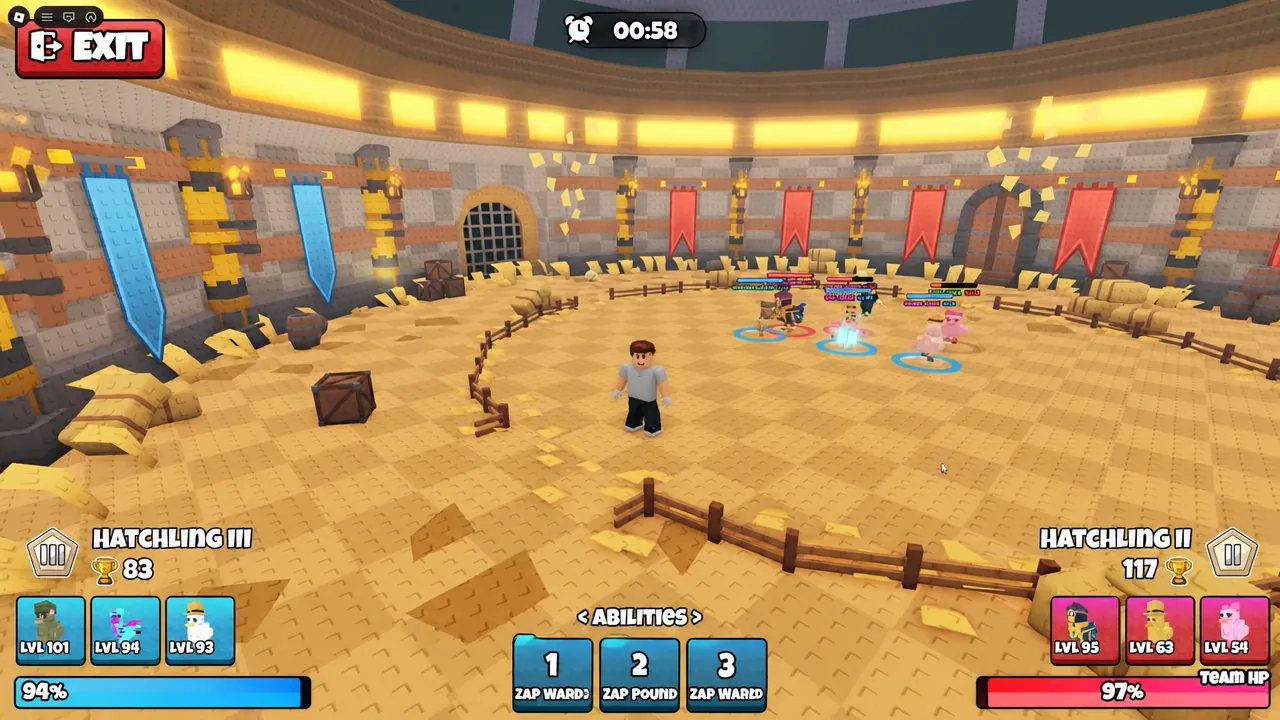Arena combat screen with the numbered ability buttons visible below the fighting chickens