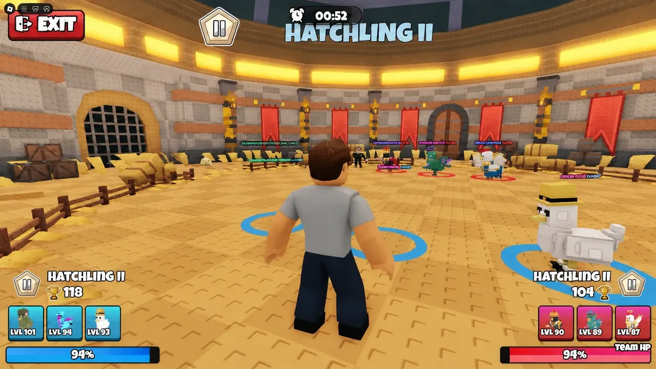 Arena match in progress at Hatchling II rank with the round timer counting down