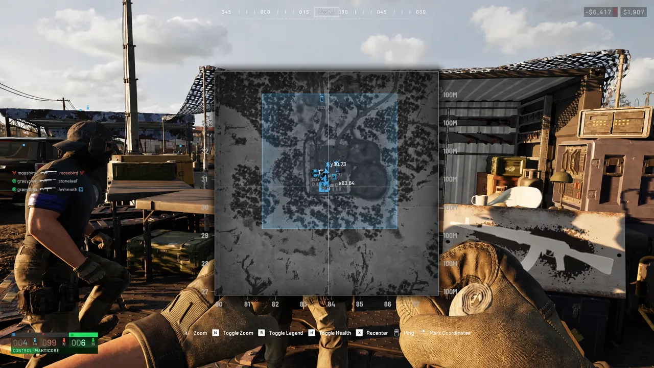 Tactical map open in camp with squad markers and coordinates while locating the vendor icon
