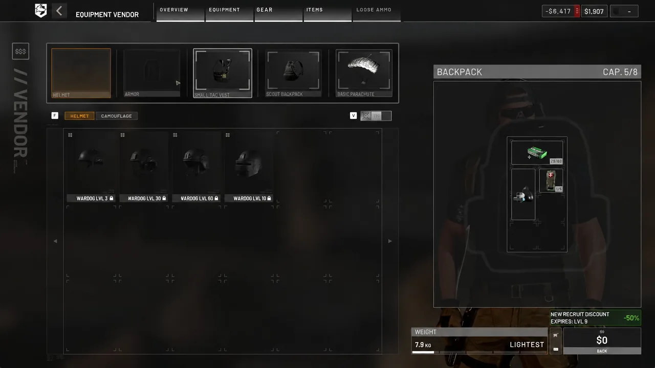 Equipment Vendor shop with the Helmet tab selected, showing helmet tiers and their level requirements
