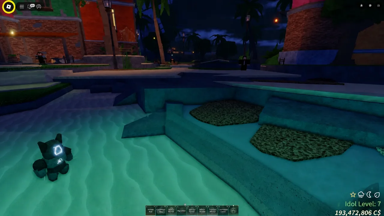 Fisch player standing over a glowing catch in shallow water with the inventory hotbar on screen