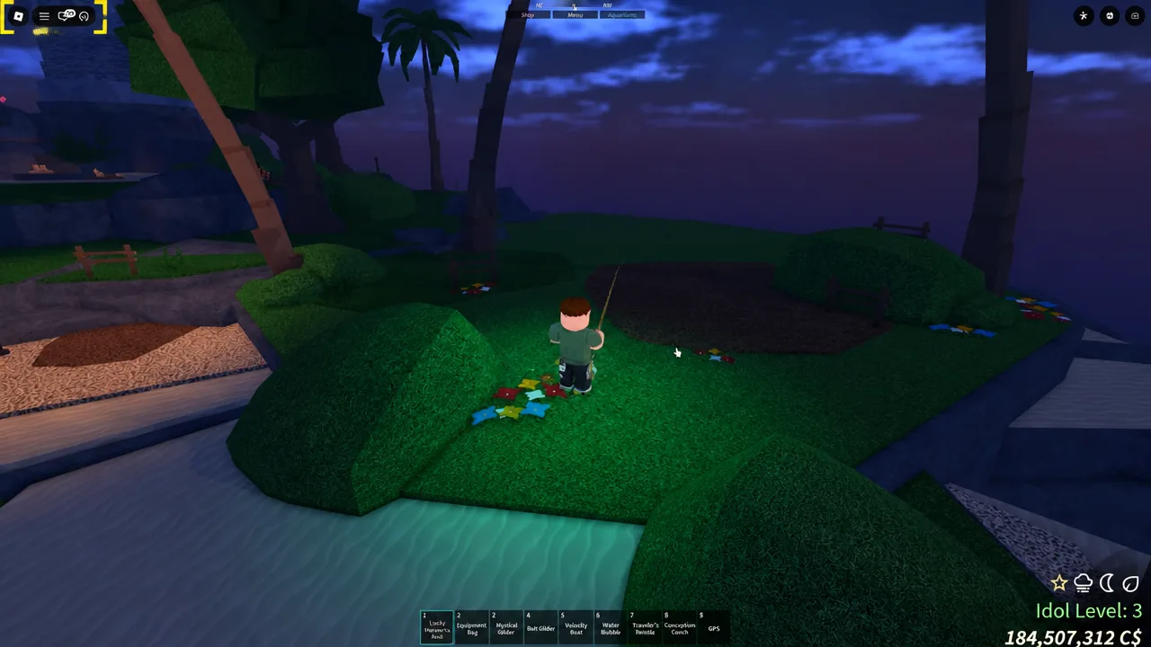 Fisch gameplay view while heading toward the island where Elder Kaito's shop is located