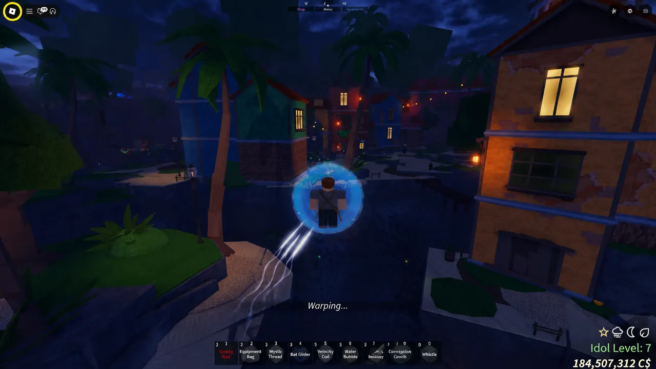 Fisch character surrounded by a Warping prompt while moving between locations