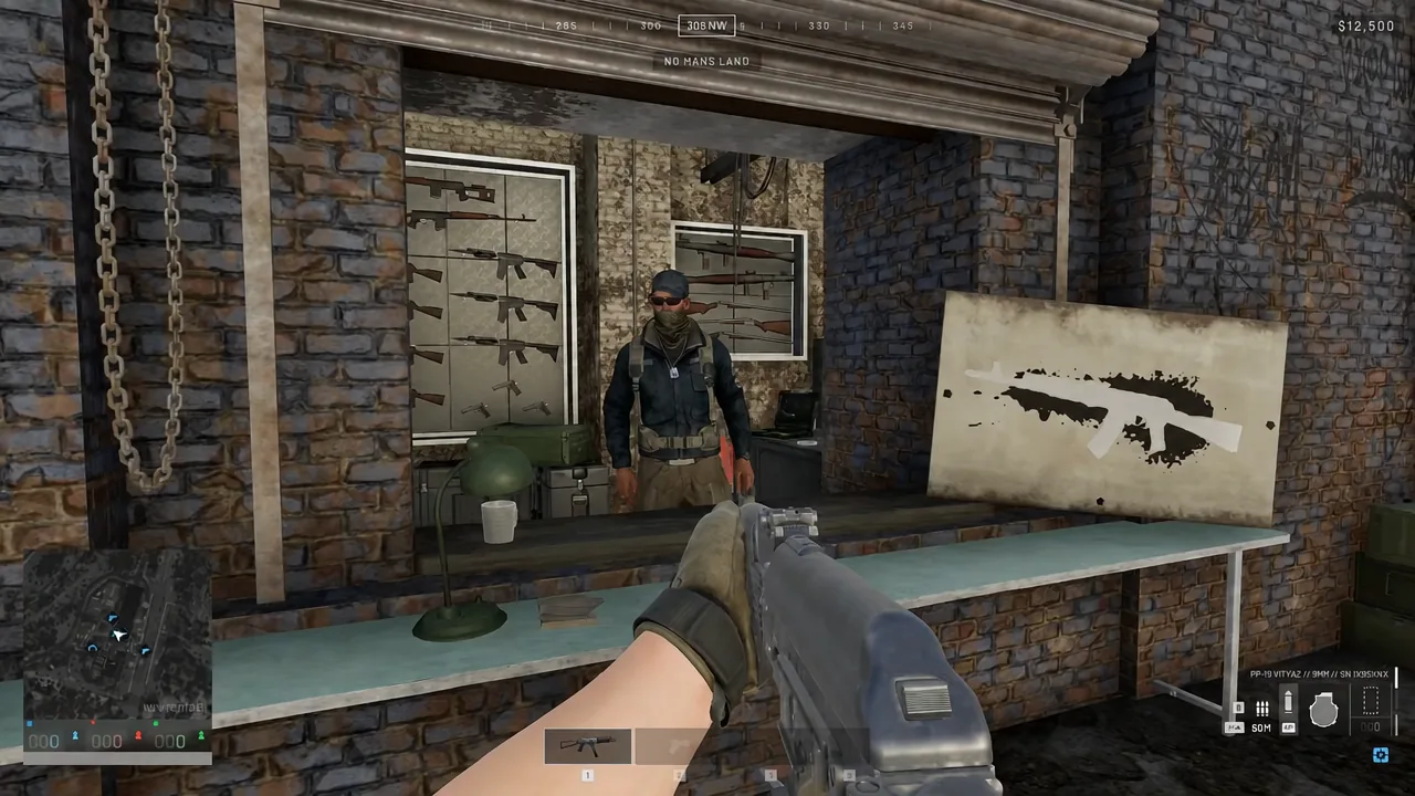 Player walking up to the weapon shop counter in No Man's Land with rifles racked on the wall