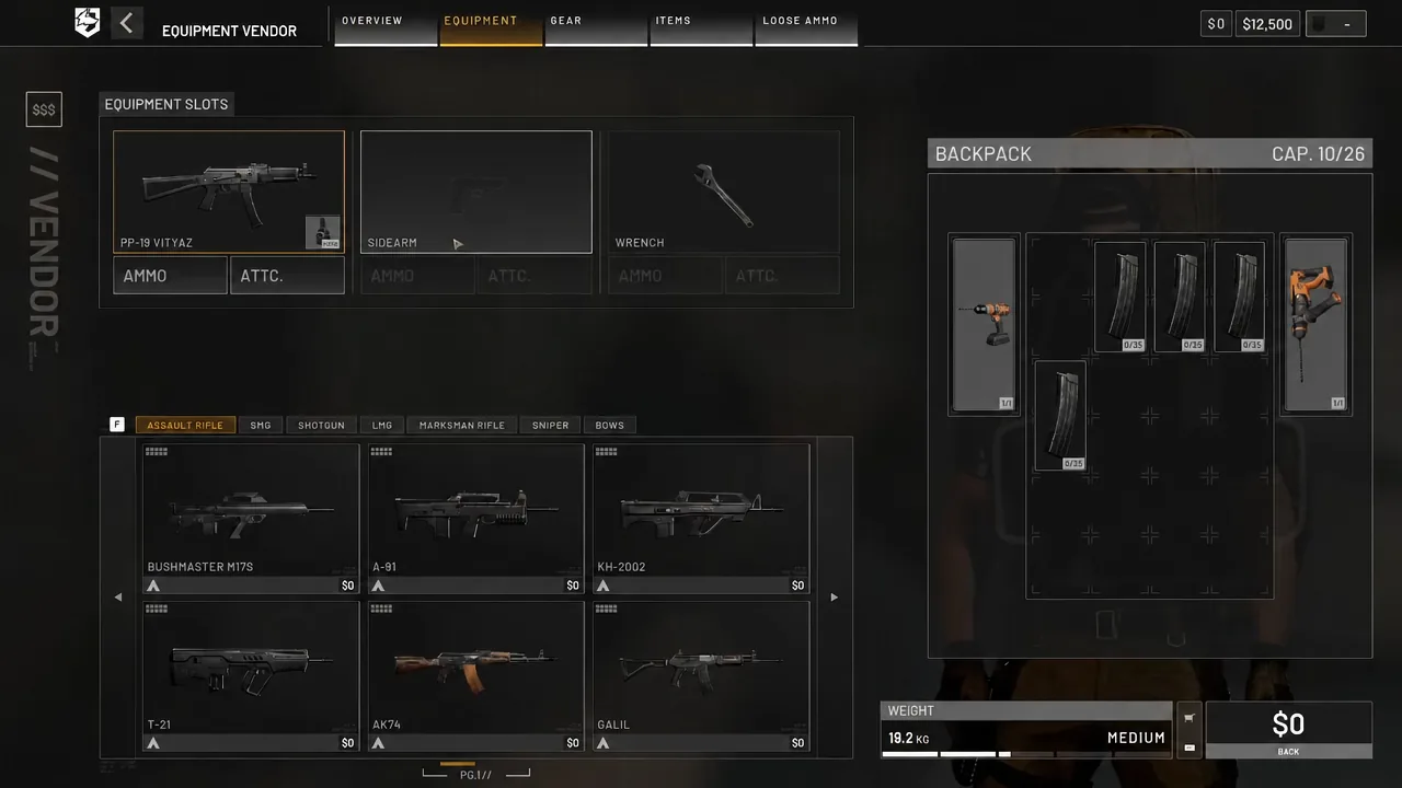 Equipment tab of the vendor menu with the PP-19 Vityaz selected in the weapon slot