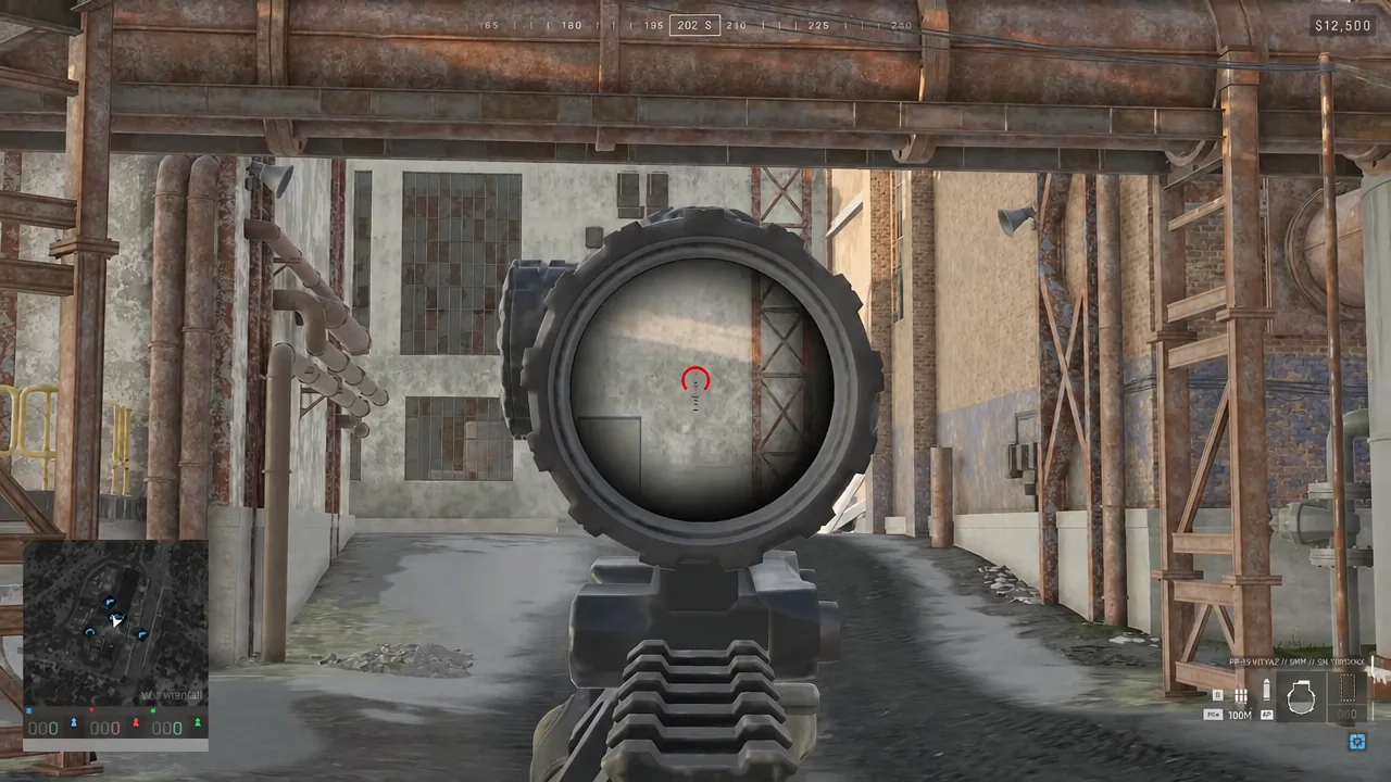 First-person view down a rifle scope with the red reticle centered on a distant target