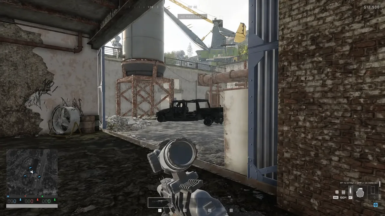 Aiming a scoped rifle through an industrial doorway at a vehicle parked in the yard outside
