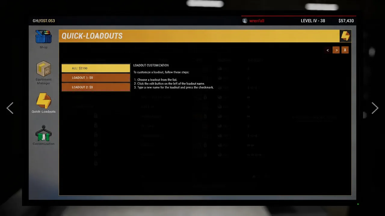 Quick-loadouts screen in Phasmophobia with the ALL loadout highlighted next to customization options