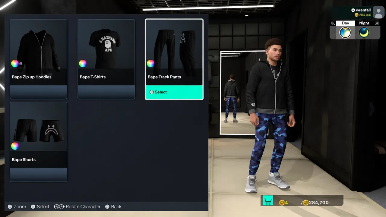 Bape Track Pants highlighted in the clothing menu with the Select option active