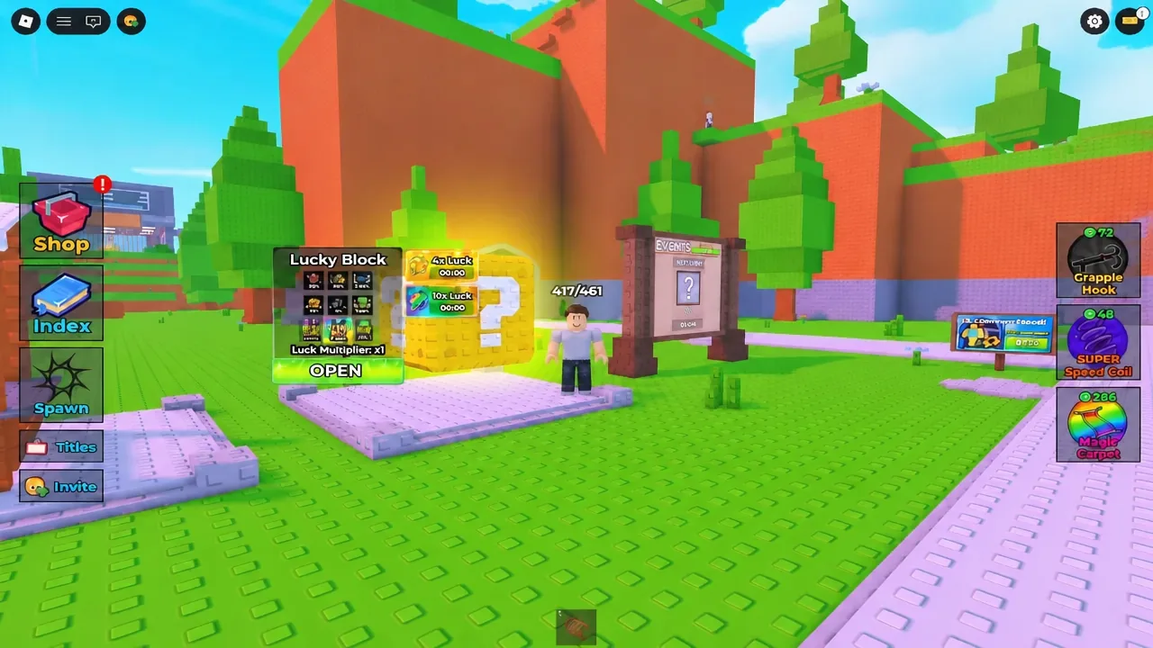 Find the Brainrot Lucky Block menu showing the Luck Multiplier and the OPEN button ready to roll